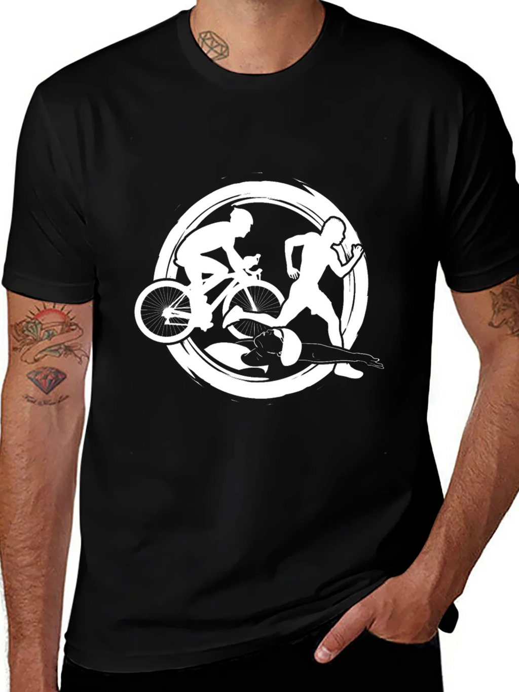 Triathlon Black T-Shirt: Swim Bike Run Design product image 1