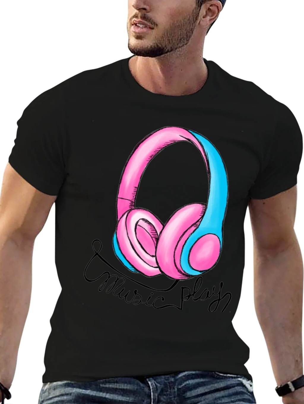 Music Play Headphones Graphic T-Shirt - Black product image 6