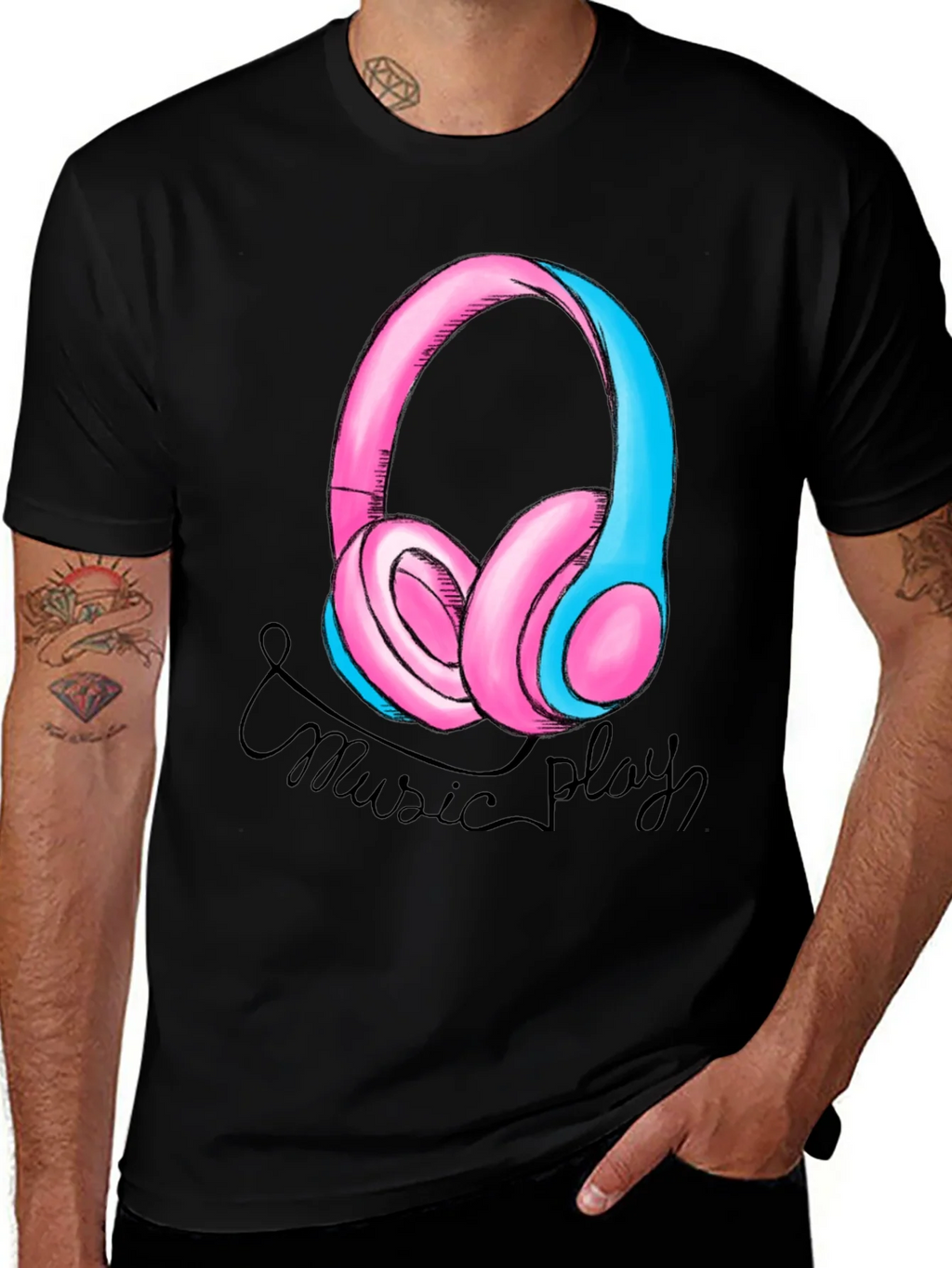 Music Play Headphones Graphic T-Shirt - Black product image 1