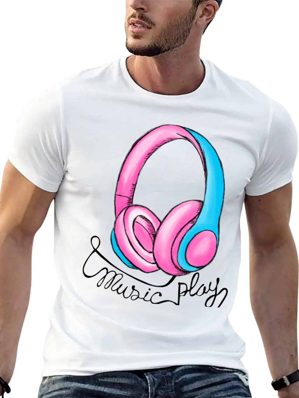 Music Play Headphones Graphic T-Shirt - Black product image 12