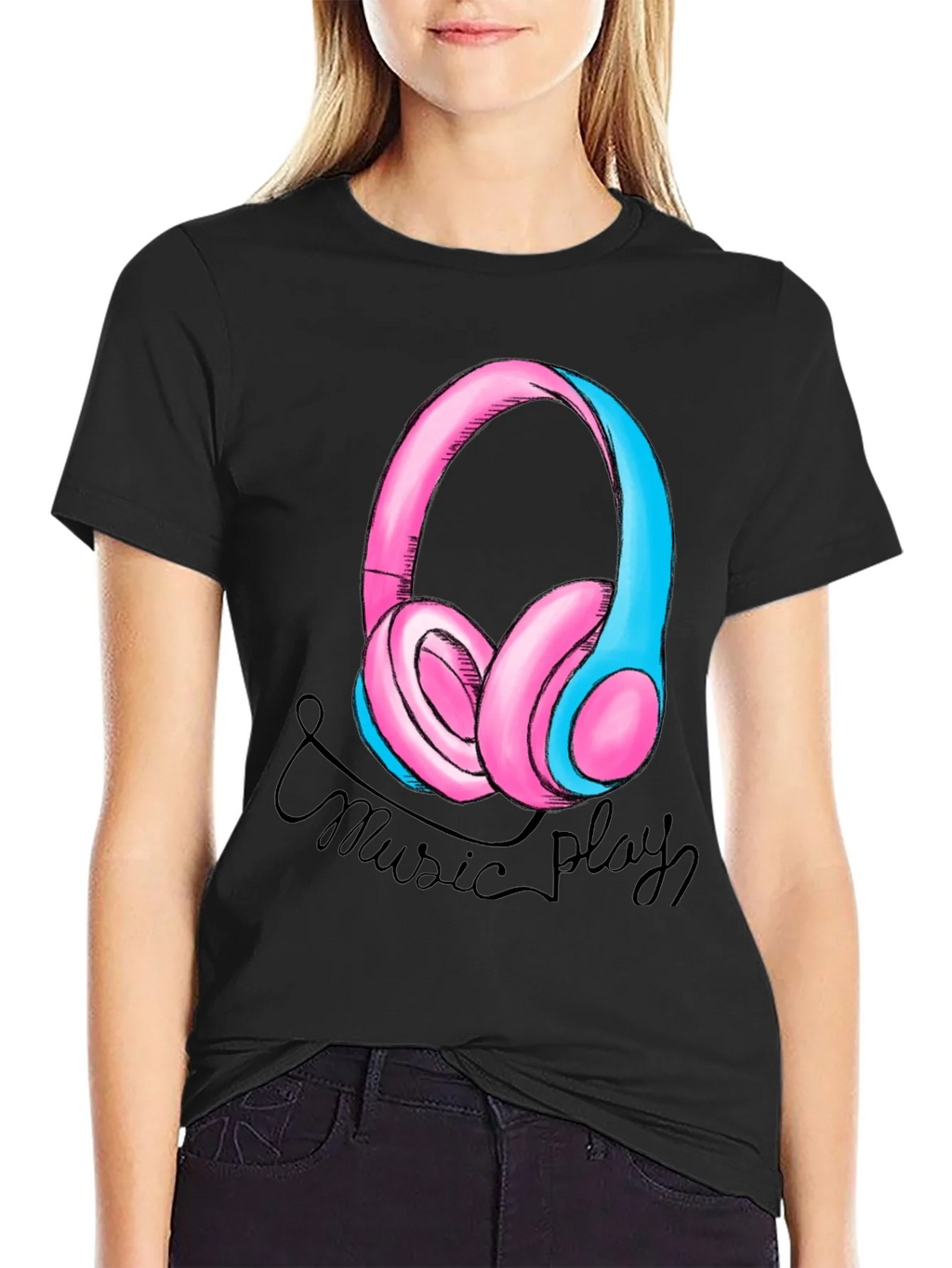 Music Play Headphones Graphic T-Shirt - Black product image 2