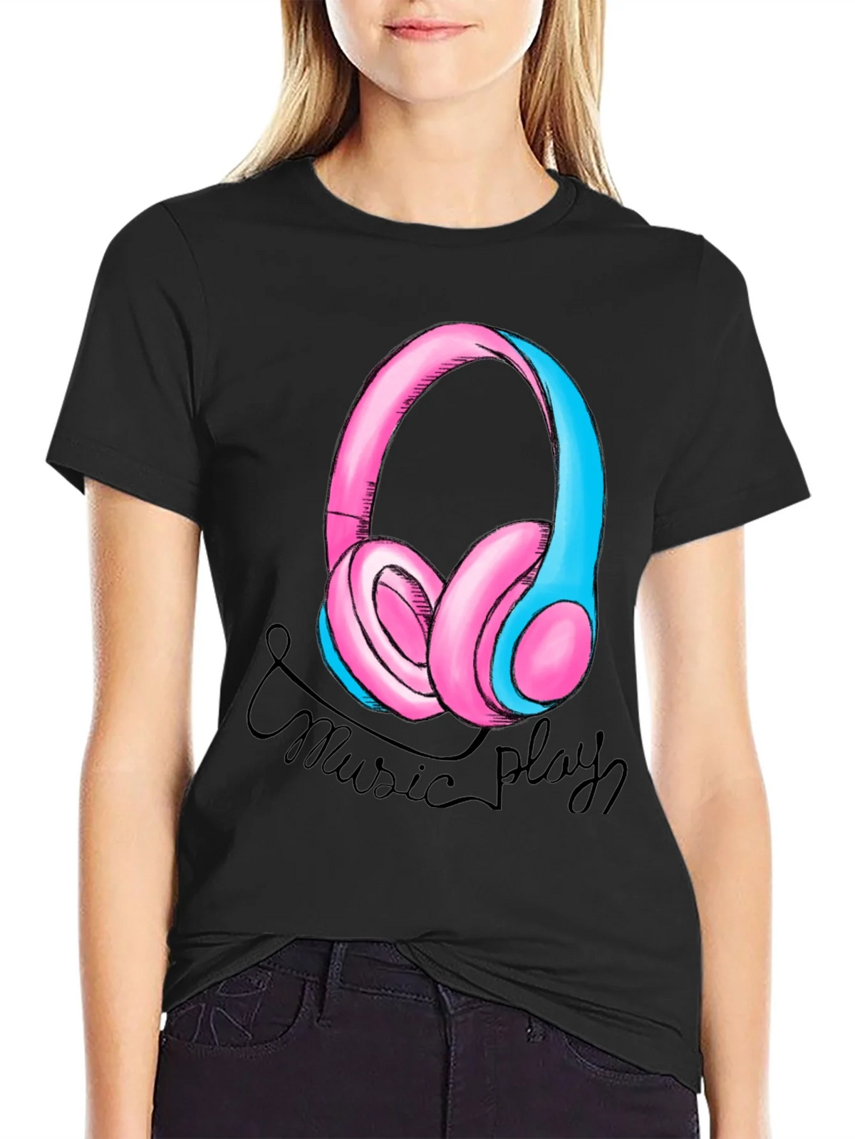 Music Play Headphones Graphic T-Shirt - Black product image 2