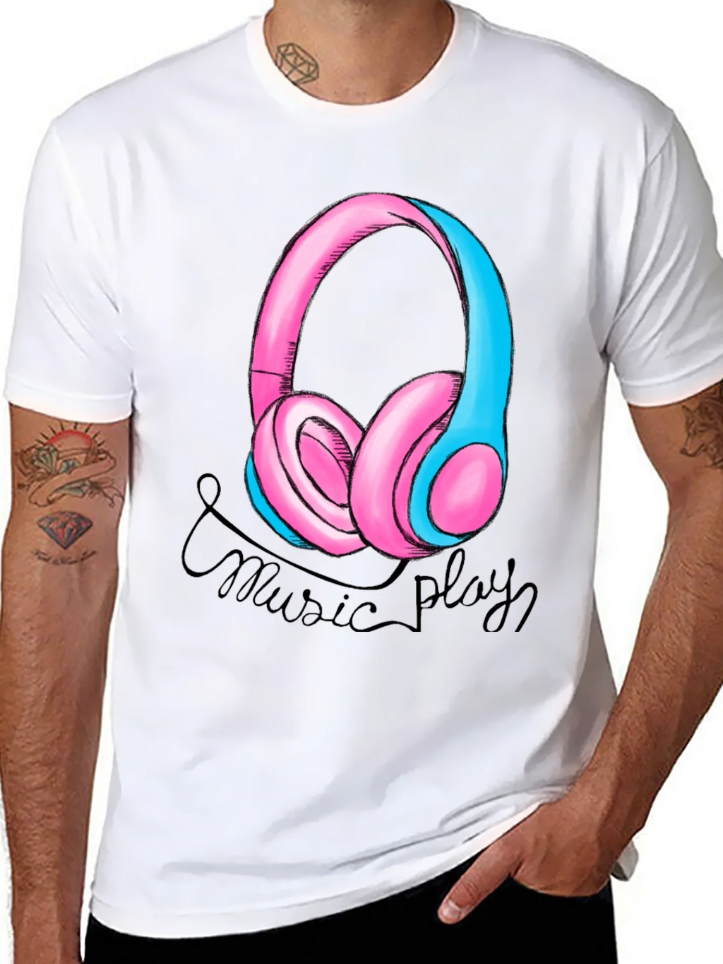Music Play Headphones Graphic T-Shirt - Black product image 7
