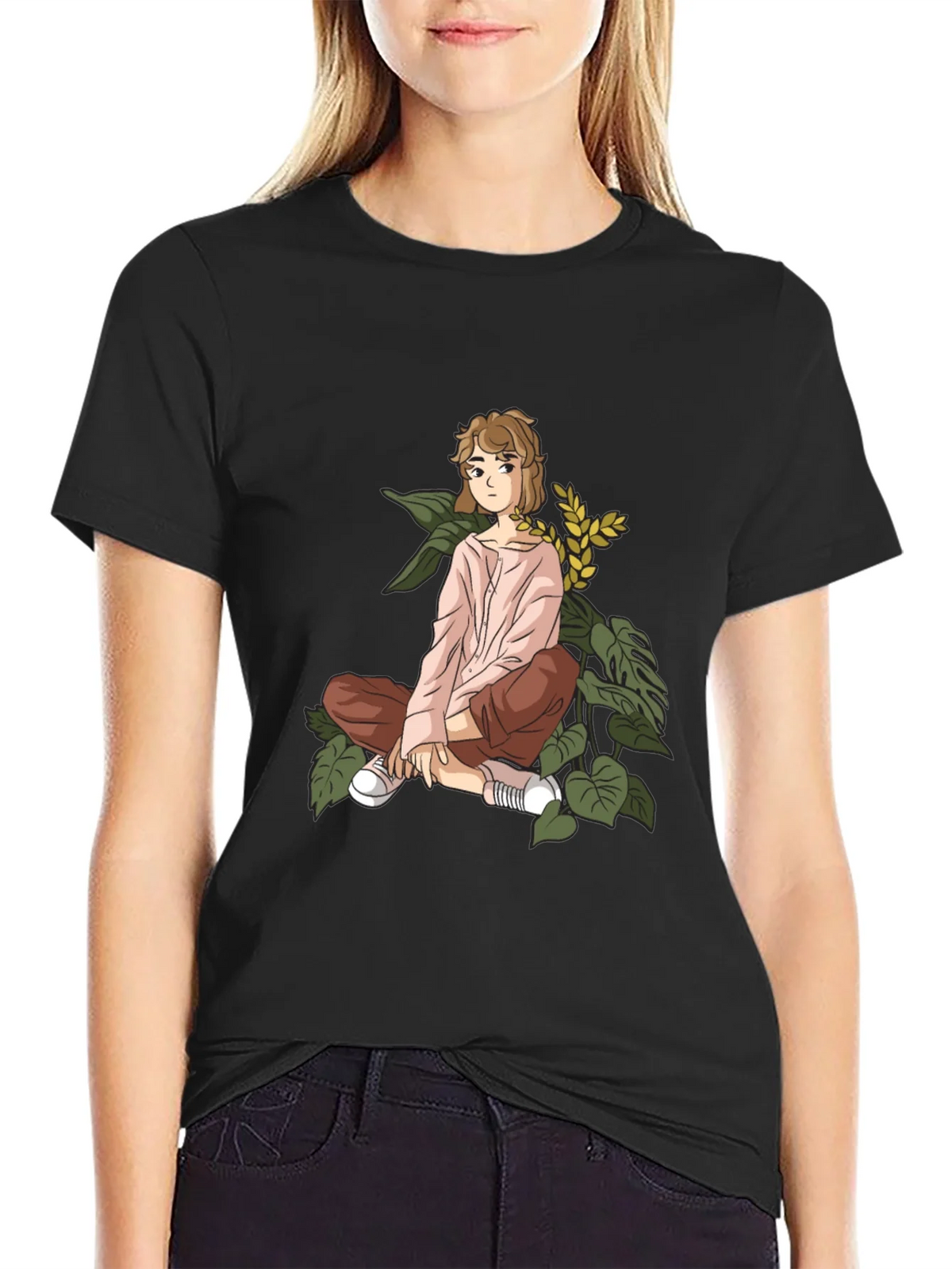 Anime Girl Print Black Cotton Tee product image 1