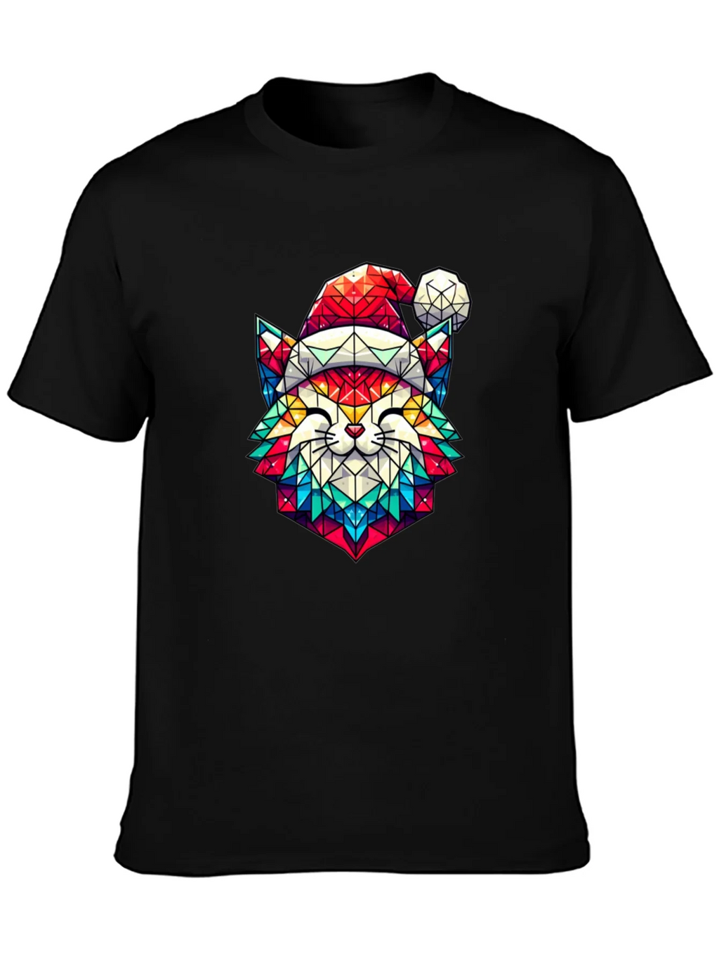 Festive Feline Tee - Geometric Cat in Santa Hat