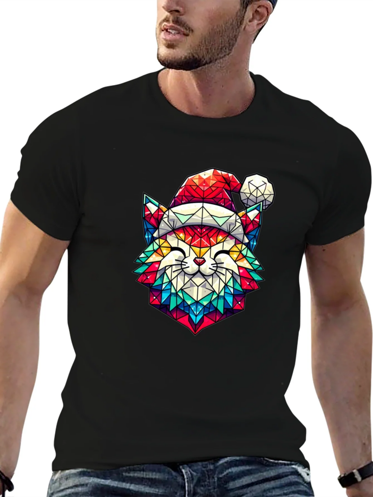 Festive Feline Tee - Geometric Cat in Santa Hat