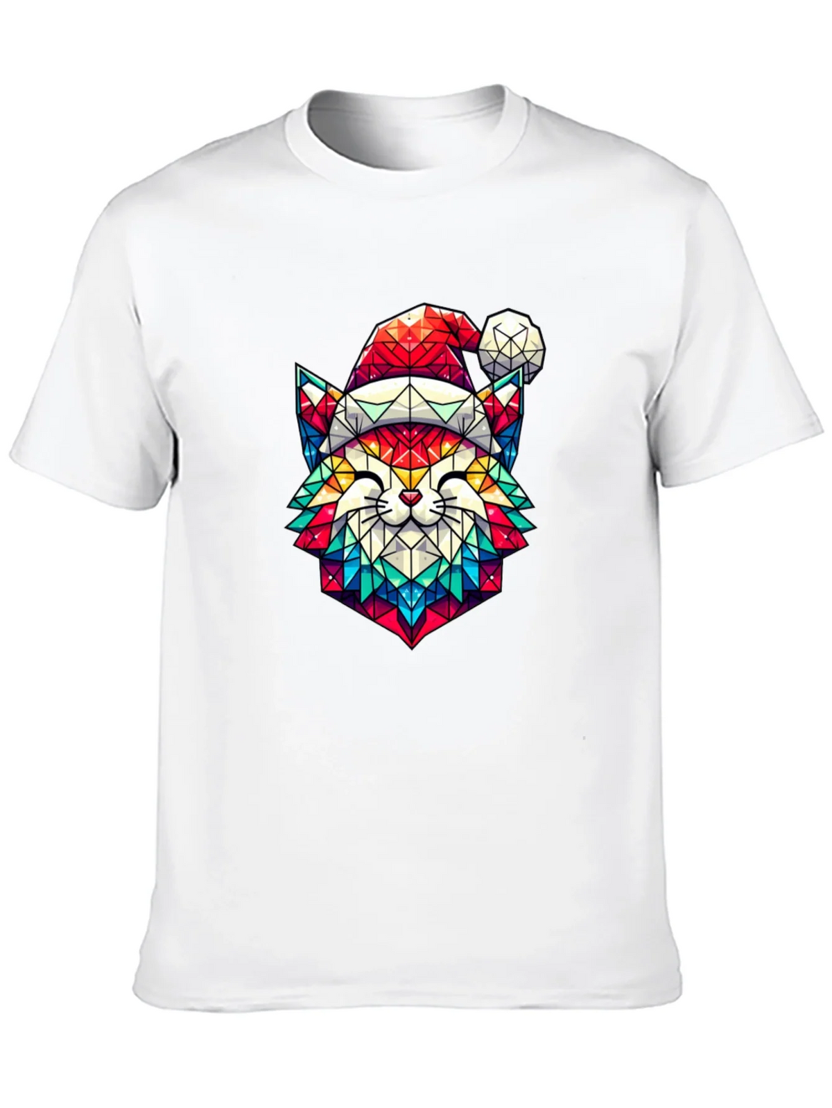 Festive Feline Tee - Geometric Cat in Santa Hat