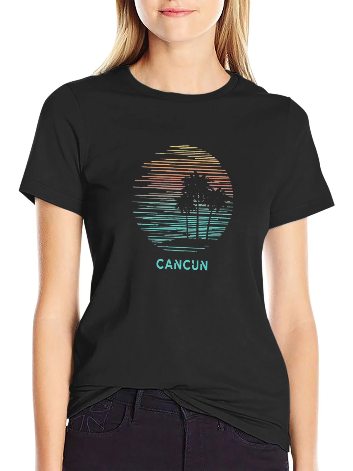 Cancun Palm Tree Sunset Graphic Tee - Black Cotton T-Shirt product image 2