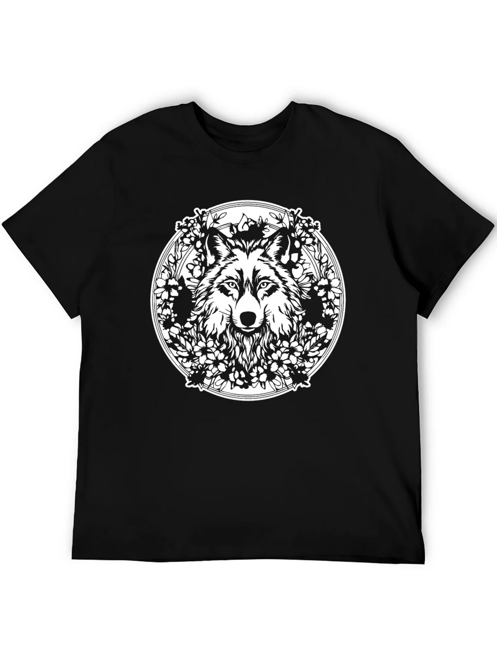 Wolf & Floral Wreath Graphic Black Tee product image 5