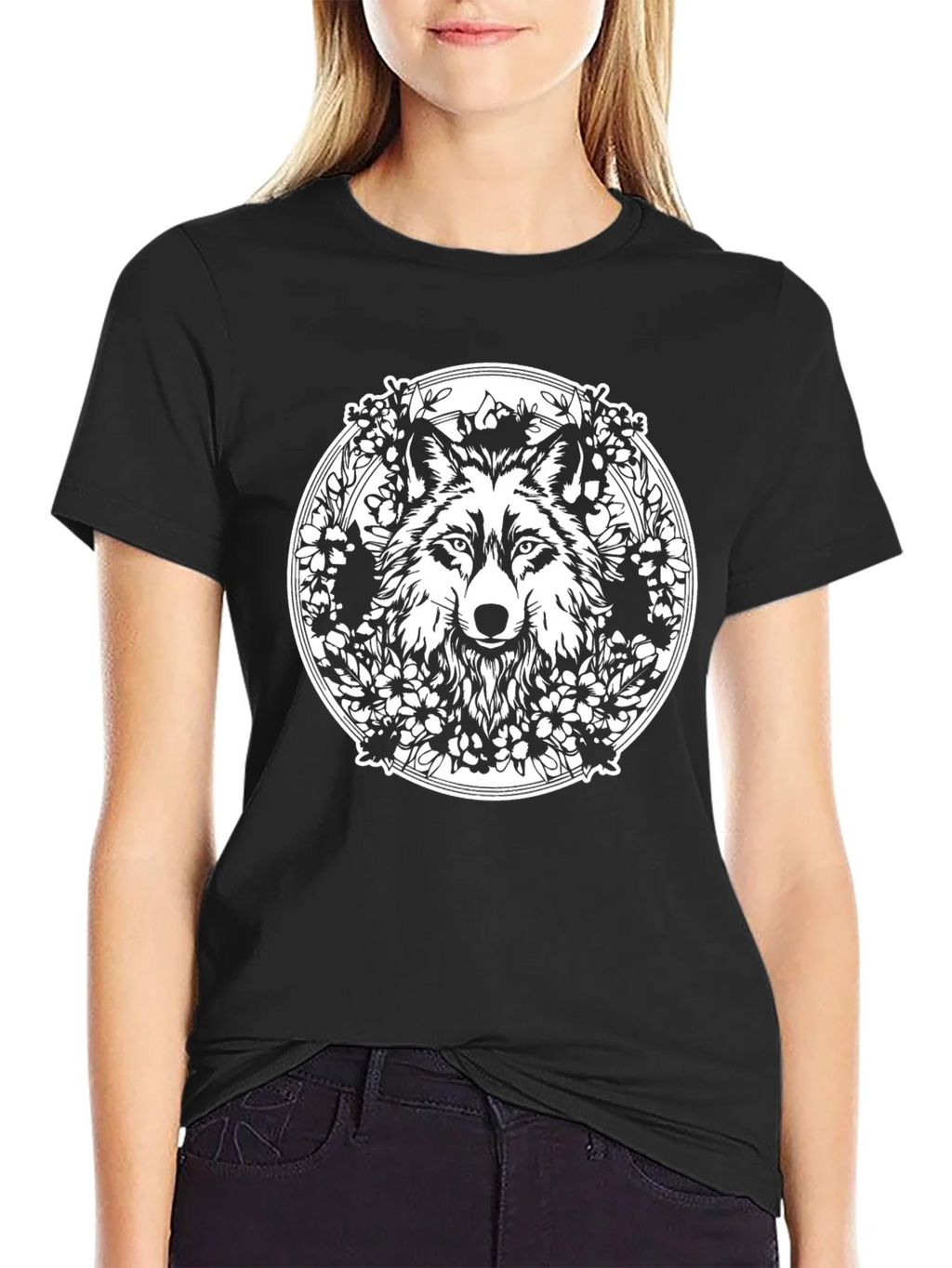 Wolf & Floral Wreath Graphic Black Tee product image 2