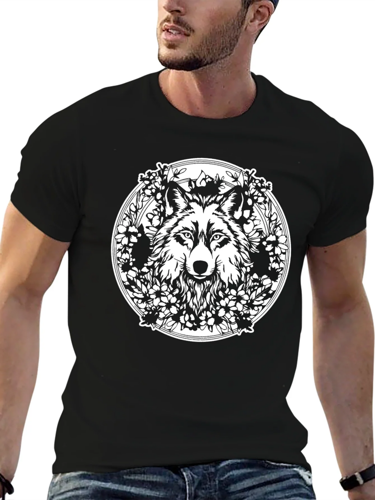 Wolf & Floral Wreath Graphic Black Tee product image 6