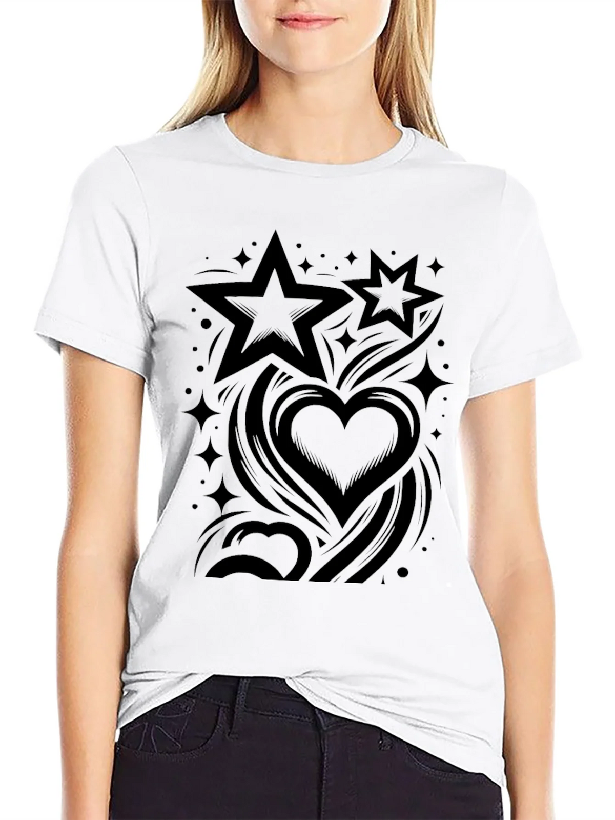 Stylish Black Graphic Tee - Stars & Hearts Design product image 8