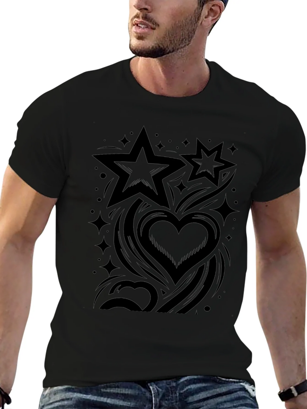 Stylish Black Graphic Tee - Stars & Hearts Design product image 6