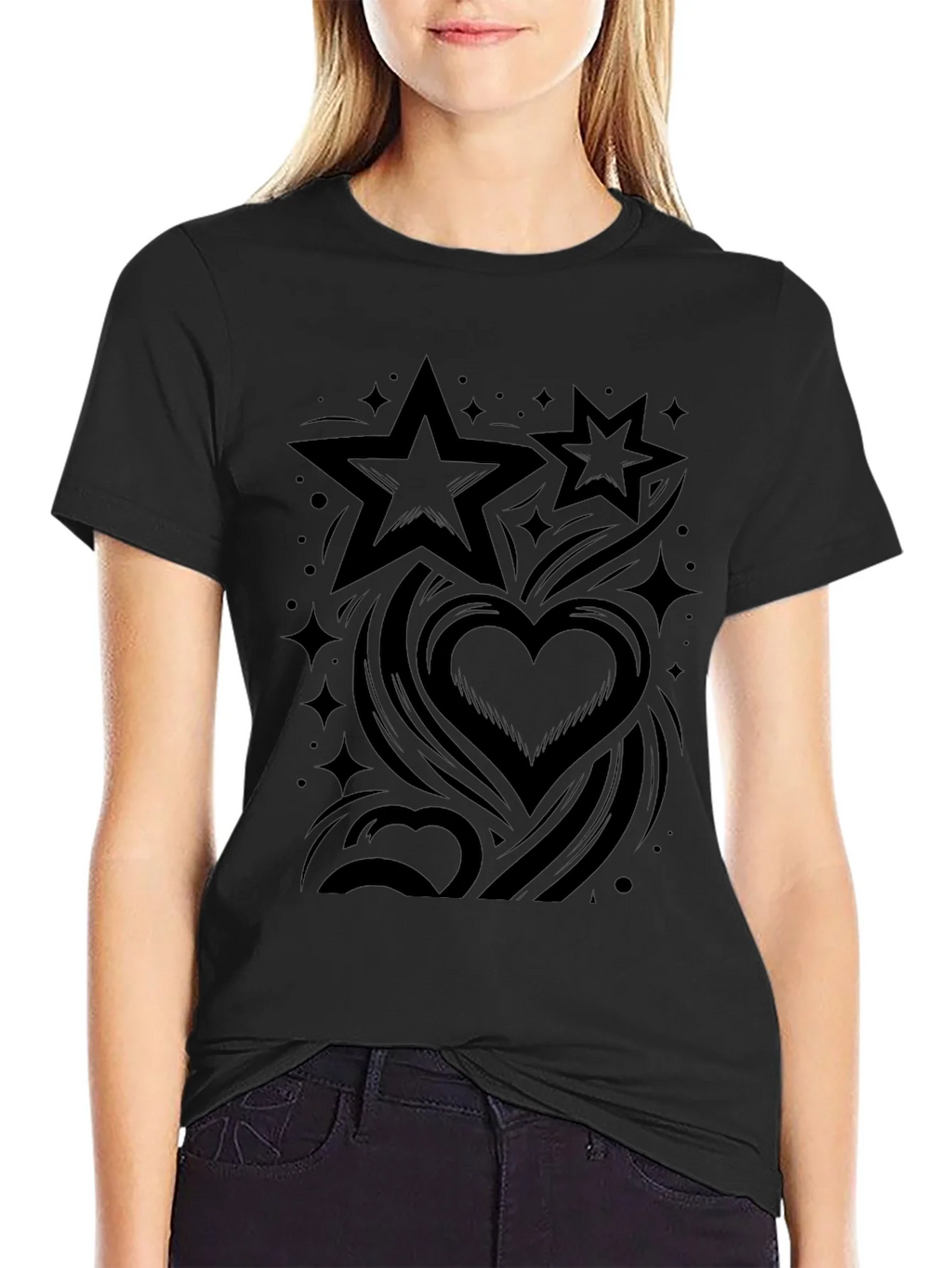 Stylish Black Graphic Tee - Stars & Hearts Design product image 2