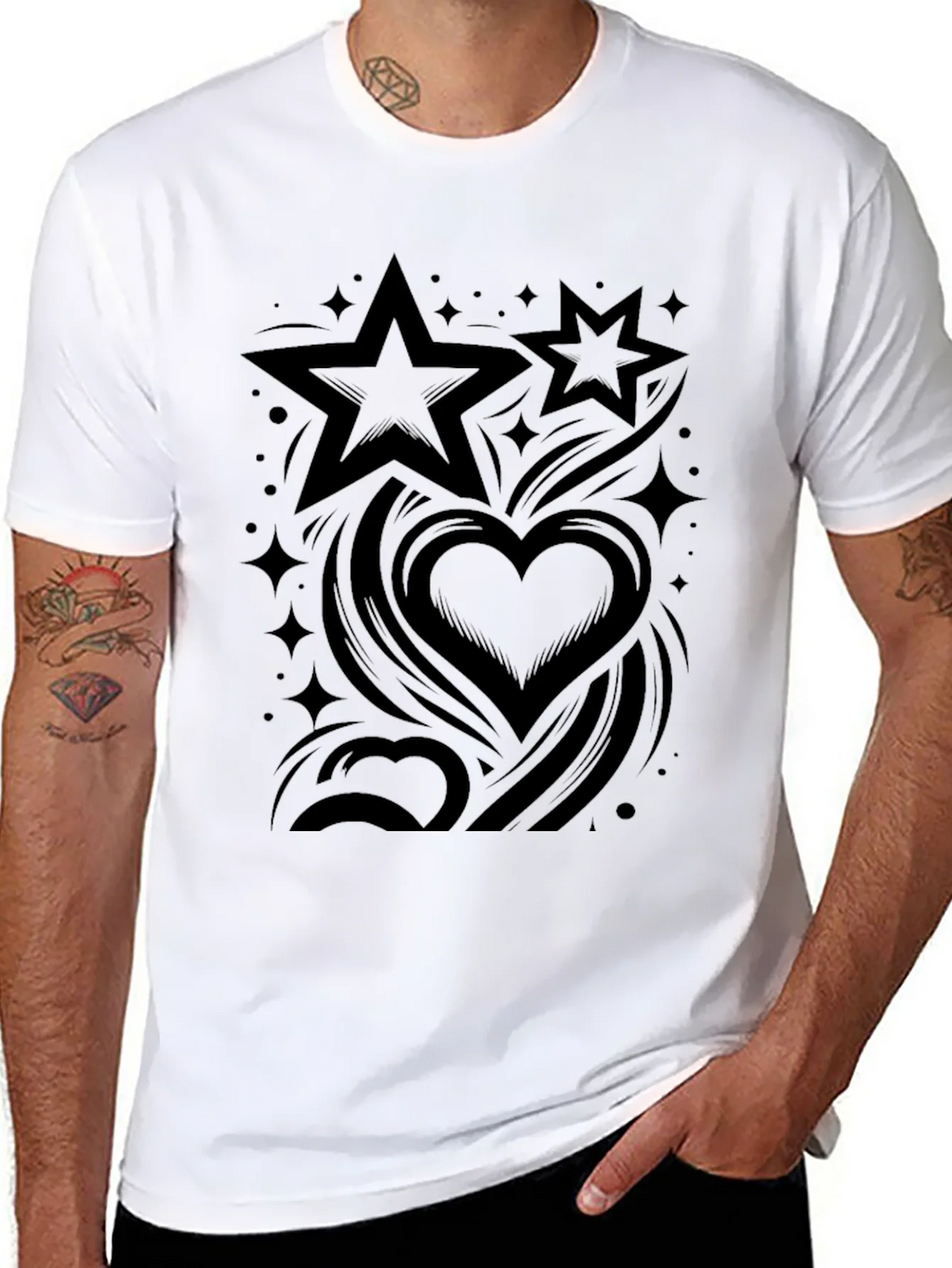 Stylish Black Graphic Tee - Stars & Hearts Design product image 7
