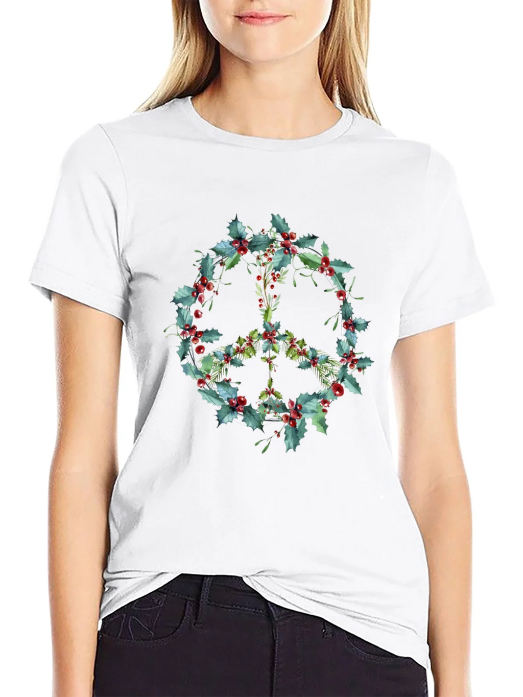 Peace Sign Holly Berry Wreath Graphic Tee product image 8
