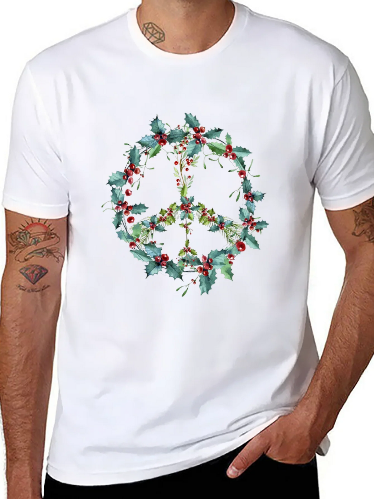 Peace Sign Holly Berry Wreath Graphic Tee product image 7