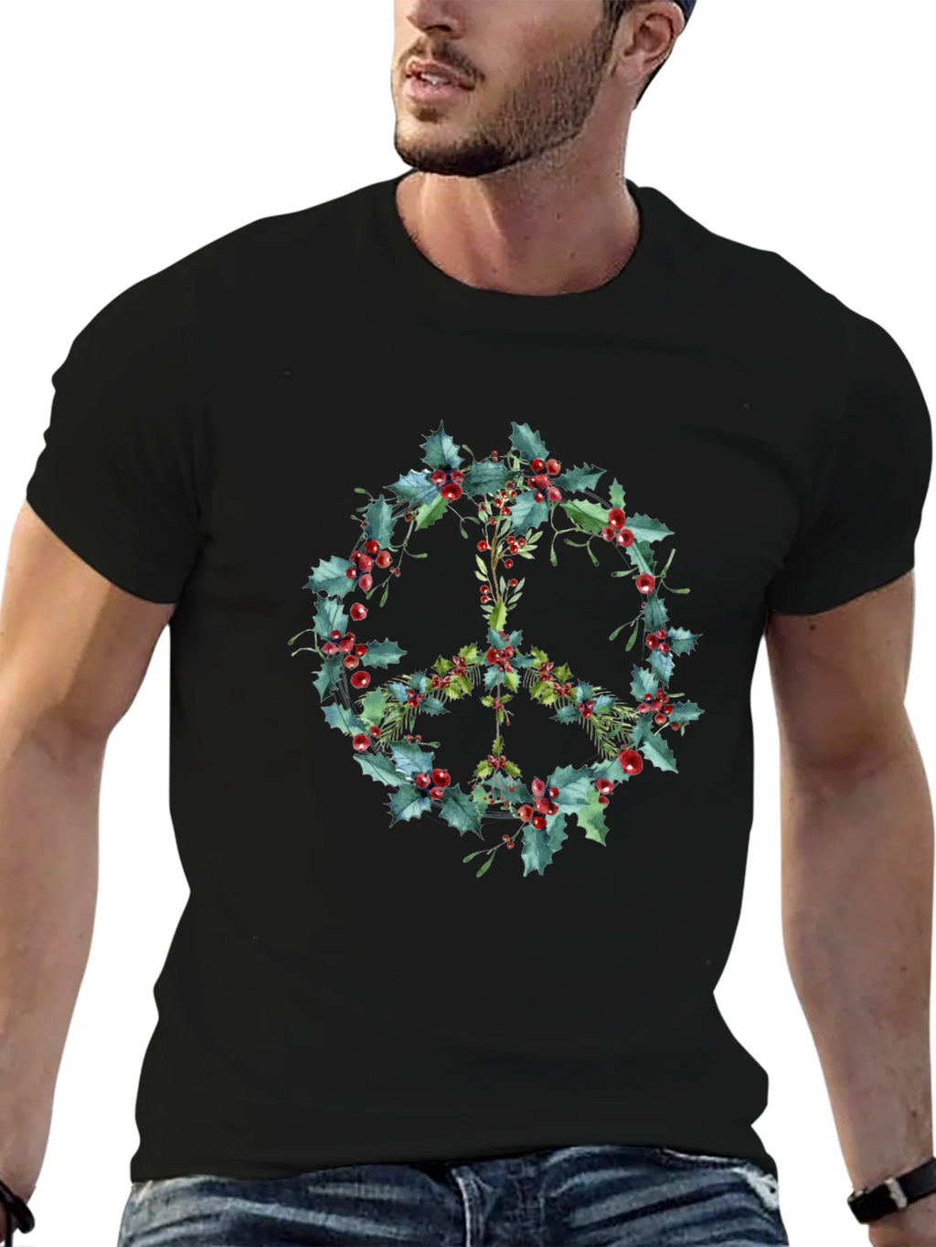 Peace Sign Holly Berry Wreath Graphic Tee product image 6
