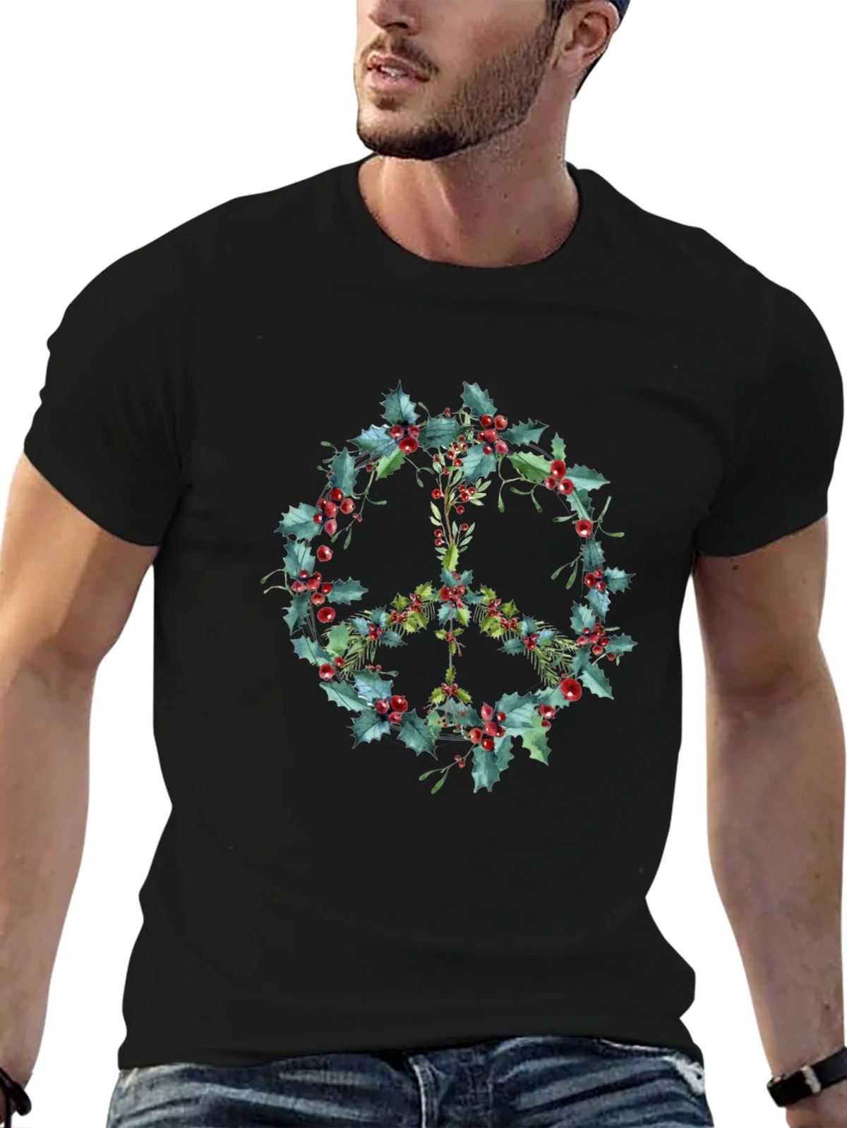 Peace Sign Holly Berry Wreath Graphic Tee product image 6