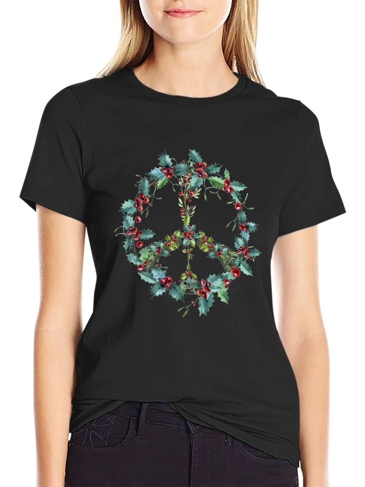 Peace Sign Holly Berry Wreath Graphic Tee product image 2