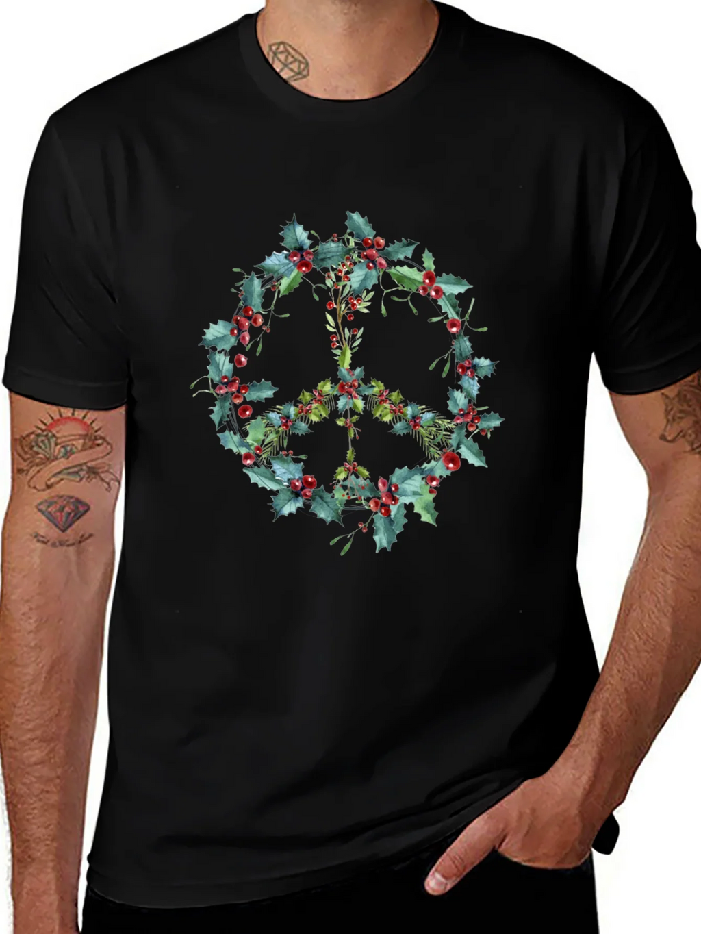 Peace Sign Holly Berry Wreath Graphic Tee product image 1