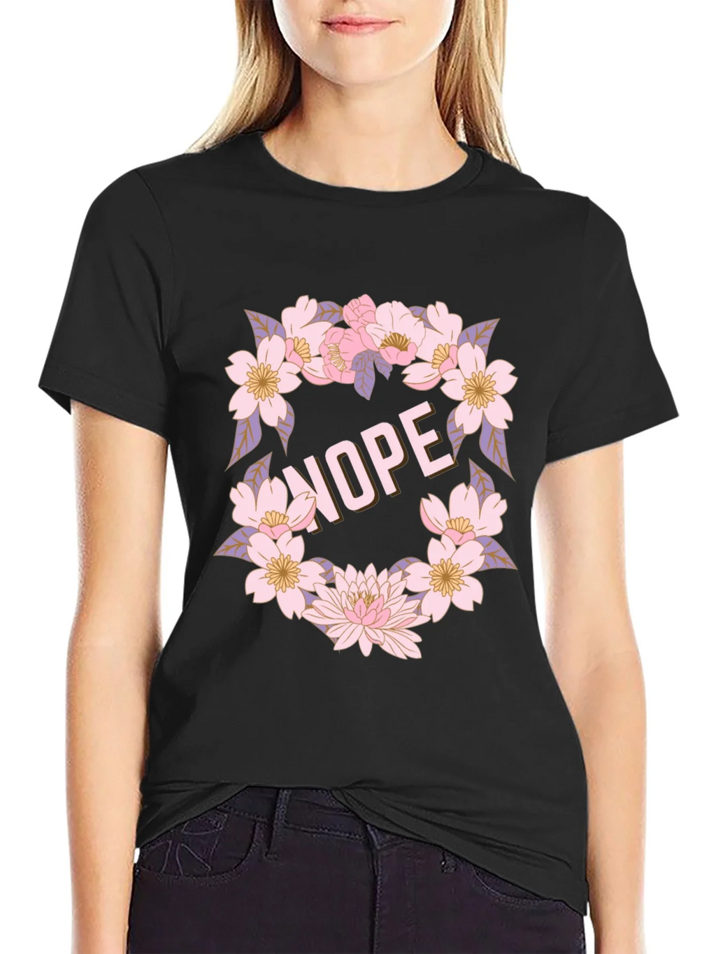 Floral Nope Graphic Tee - Casual Black T-Shirt product image 2