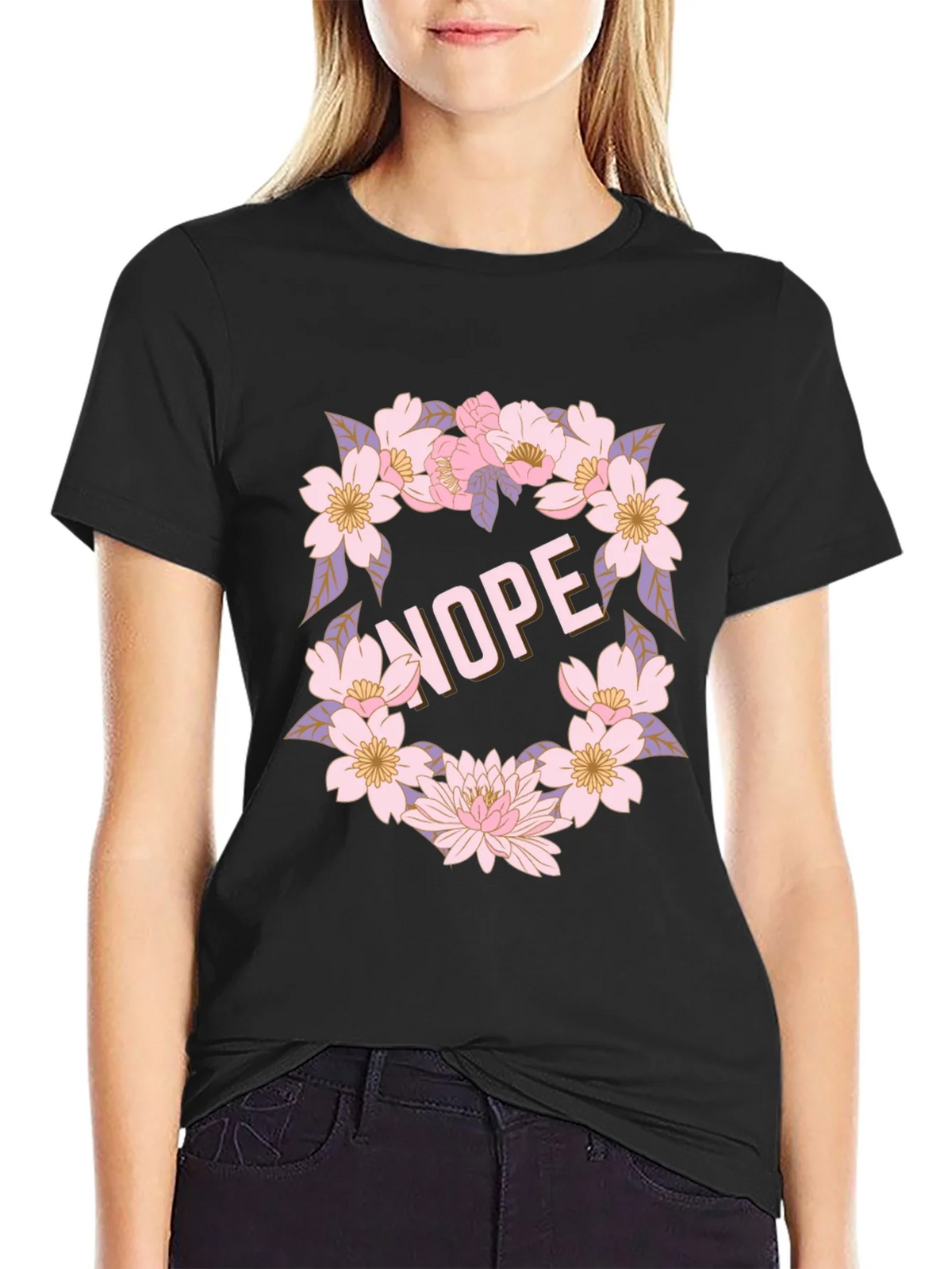 Floral Nope Graphic Tee - Casual Black T-Shirt product image 2