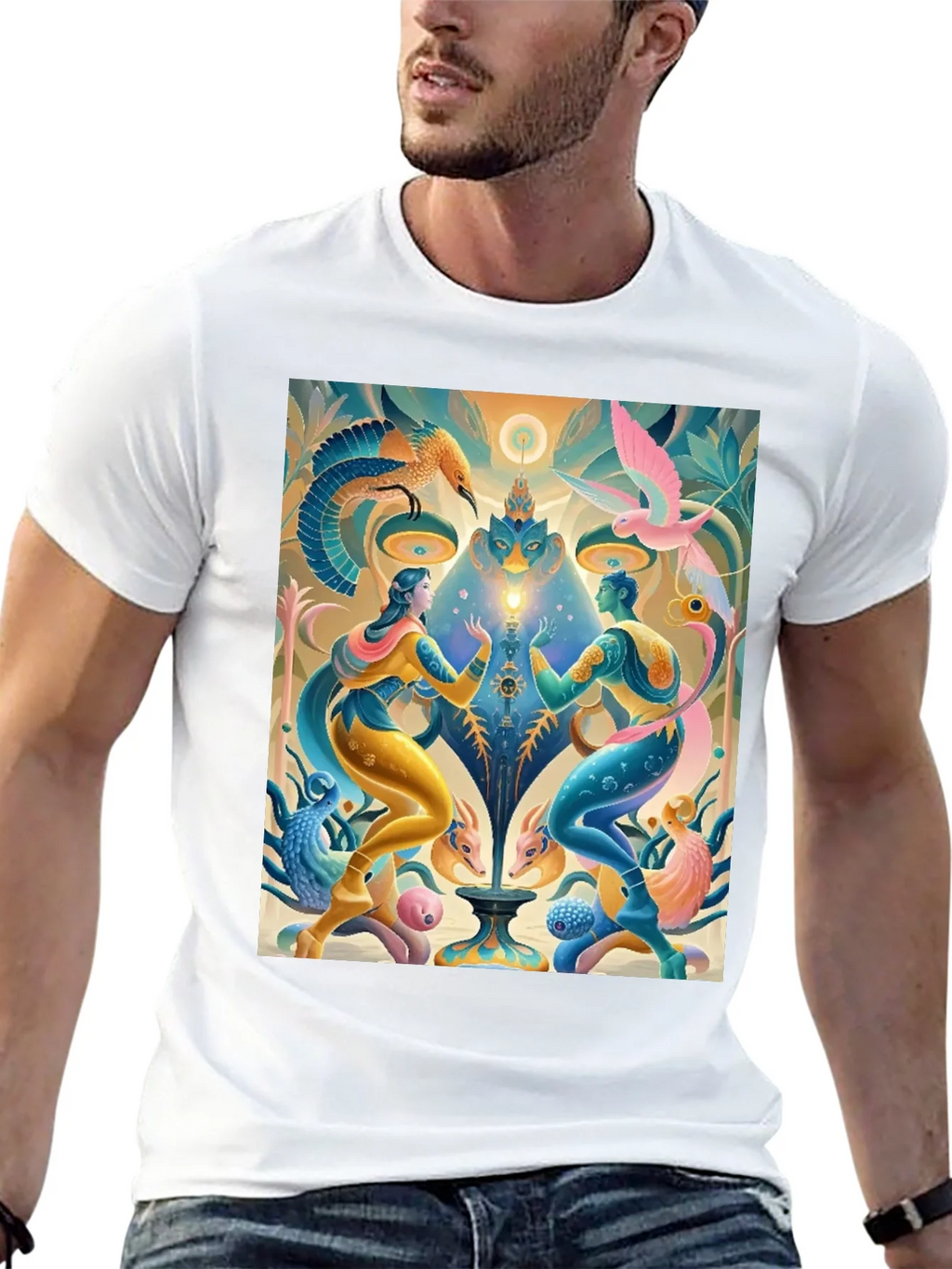 Artistic T-Shirt: Mystical Bird and Figure Design product image 12