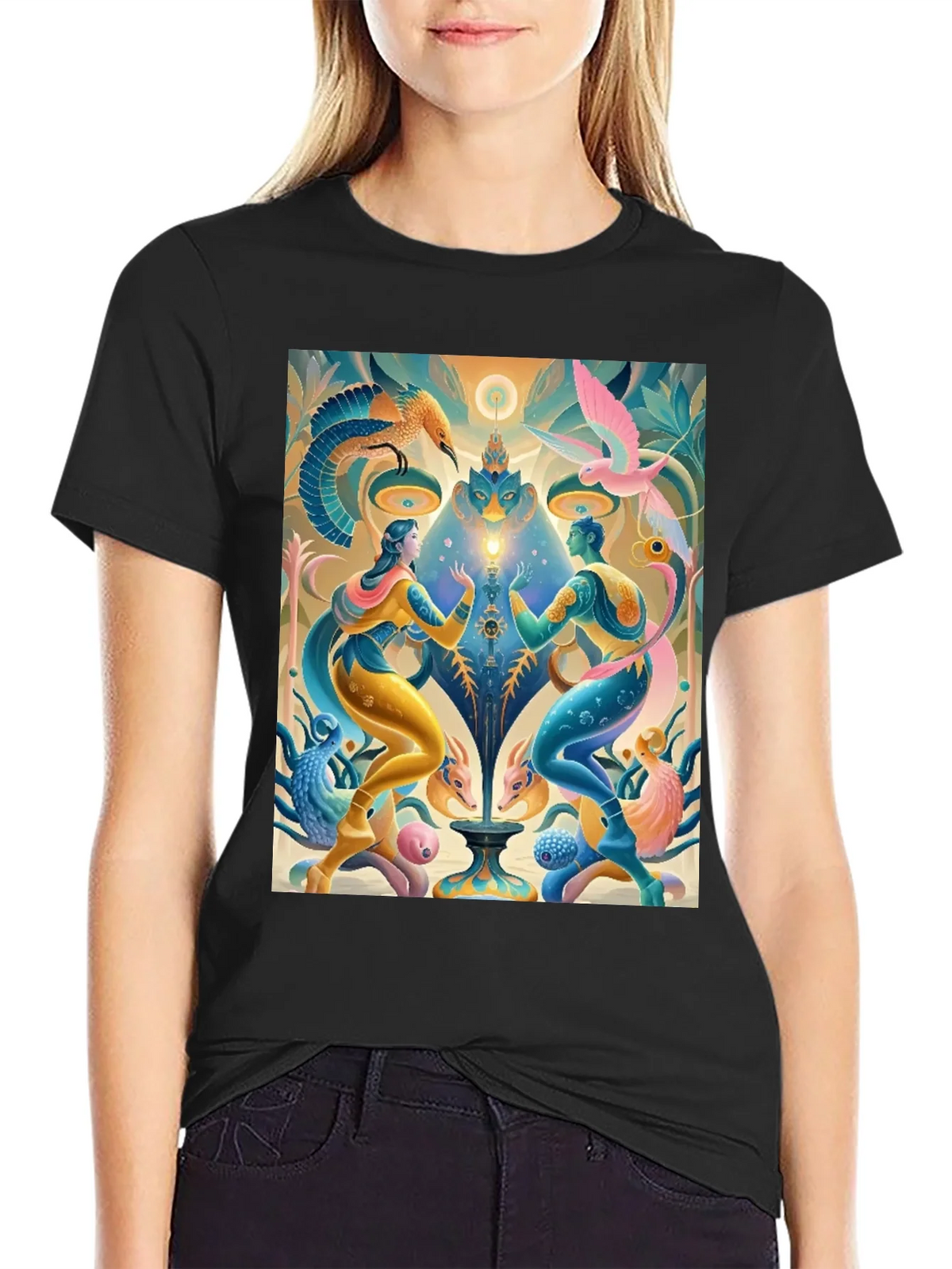 Artistic T-Shirt: Mystical Bird and Figure Design product image 2