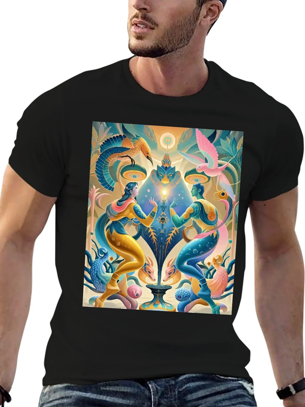Artistic T-Shirt: Mystical Bird and Figure Design product image 6