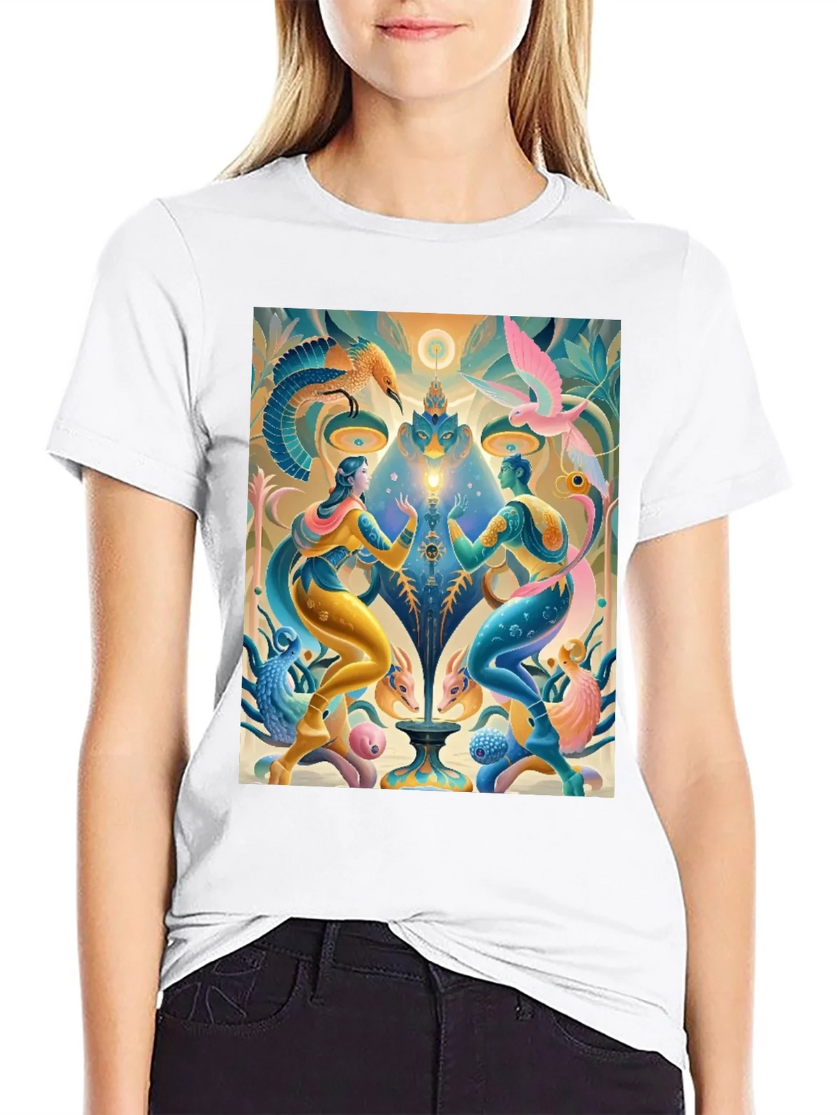 Artistic T-Shirt: Mystical Bird and Figure Design product image 8