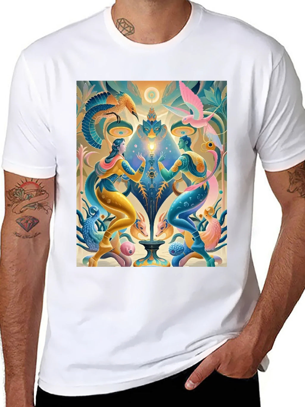 Artistic T-Shirt: Mystical Bird and Figure Design product image 7